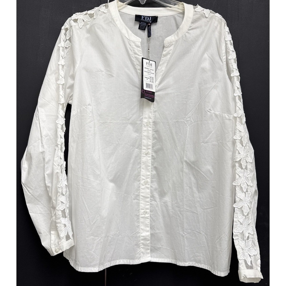 French Dressing Jeans FDJ White Embroidered Blouse Size 10 Button Up‎ Daisy NWT